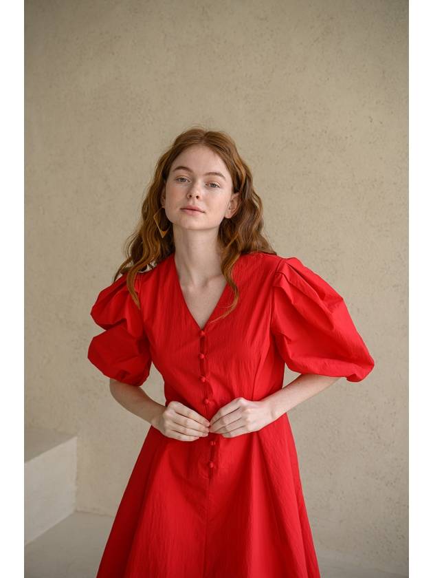 V neck puff sleeve A line midi dress red - CAHIERS - BALAAN 9