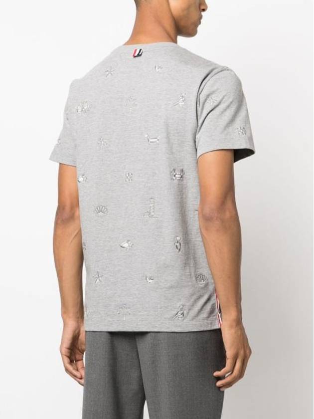 Embroidered Cotton Short Sleeve T-Shirt Grey - THOM BROWNE - BALAAN 4