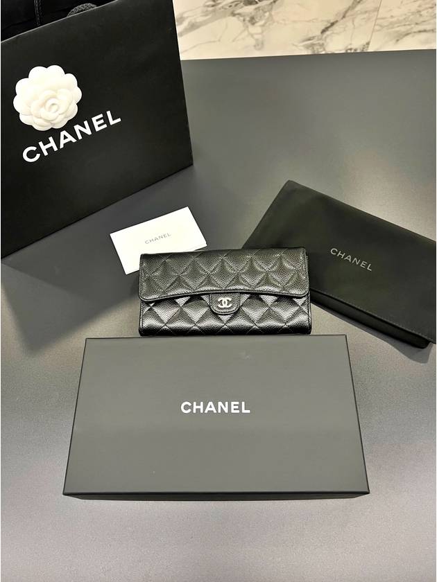 Silver Hardware Classic Caviar CC Logo Flap Long Wallet Black - CHANEL - BALAAN 3