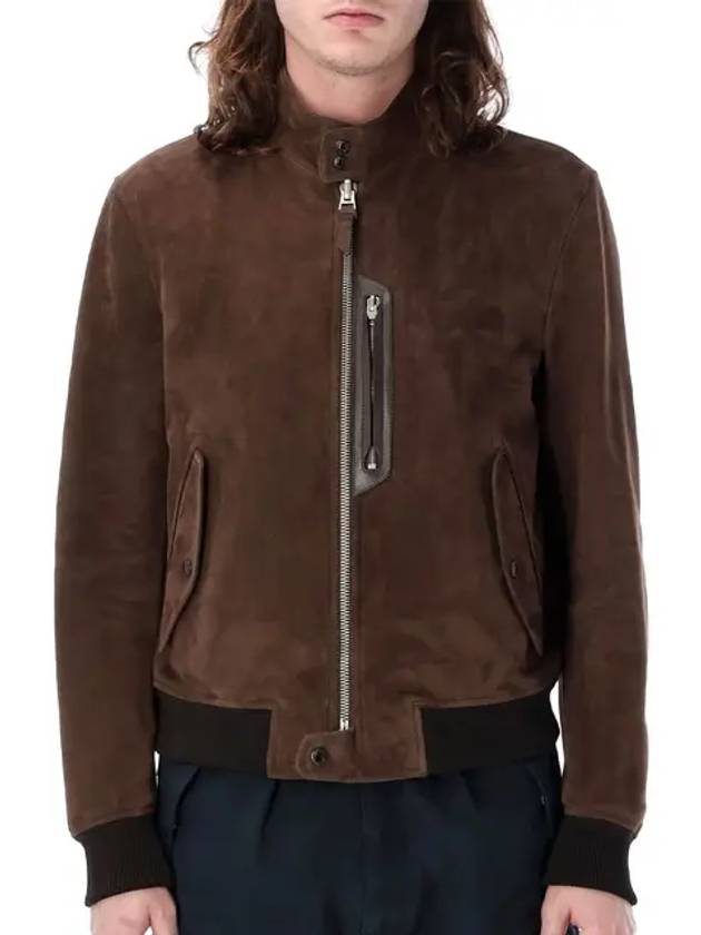 Men's Harrington Light Zip-Up Suede Jacket Brown - TOM FORD - BALAAN 3