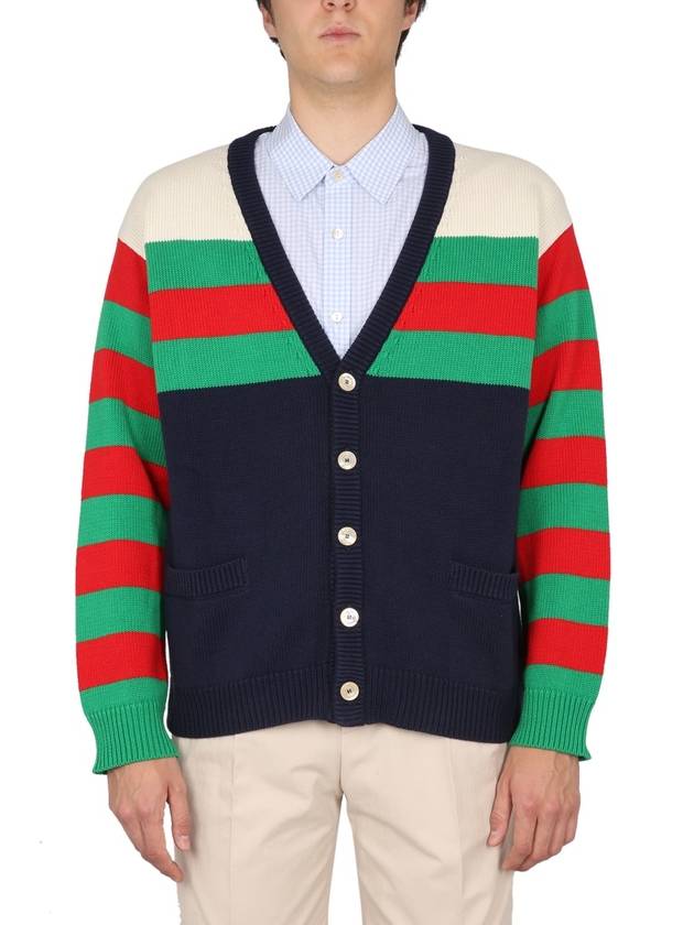 Cotton Wool Striped Cardigan Blue Ivory - GUCCI - BALAAN 2