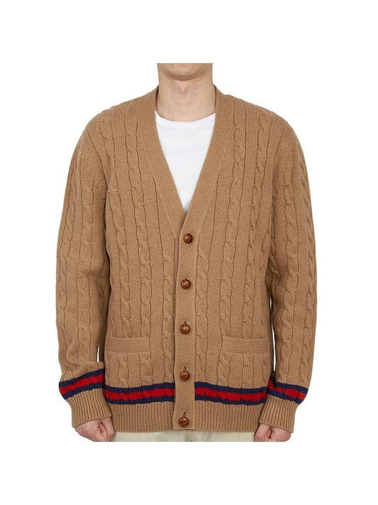 Striped Cable Knit Cashmere Wool Blend Cardigan Brown - GUCCI - BALAAN 1