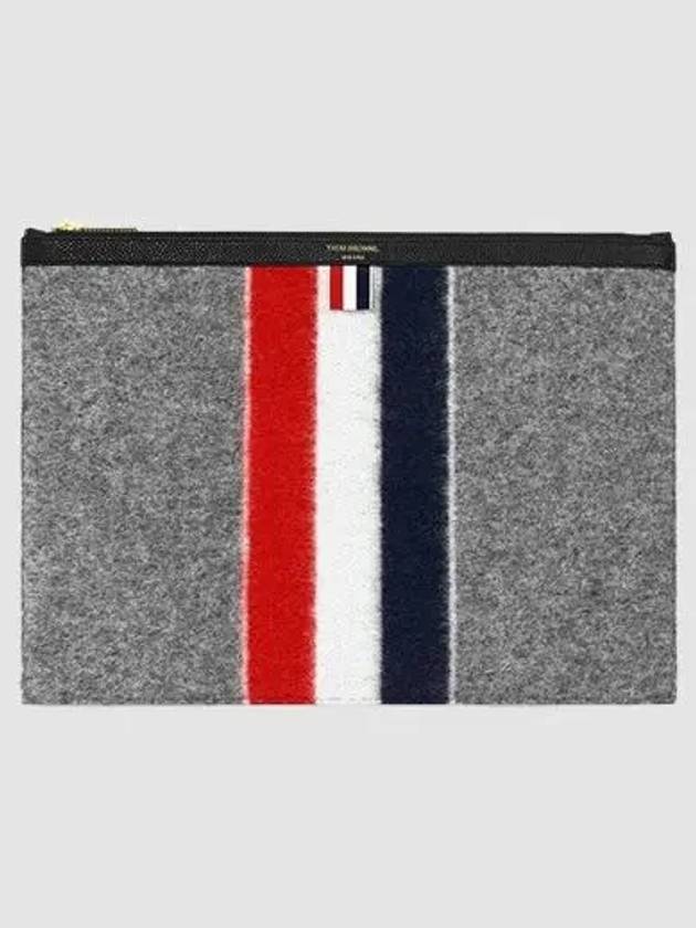 Men's Three Stripes Boiled Wool Stripe Zipper Document Holder Clutch Bag Medium Grey - THOM BROWNE - BALAAN 3