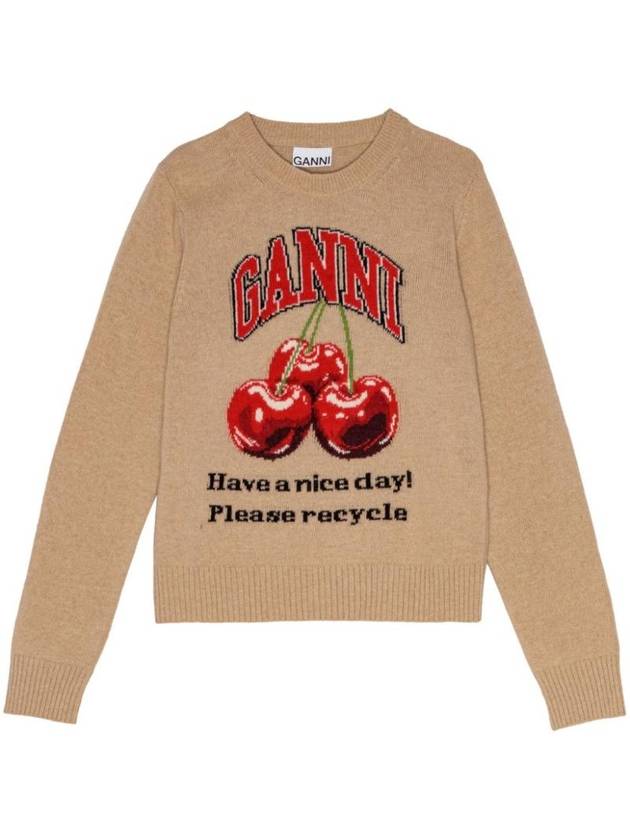 Cherry Graphic Intarsia Knit Top Beige - GANNI - BALAAN 1