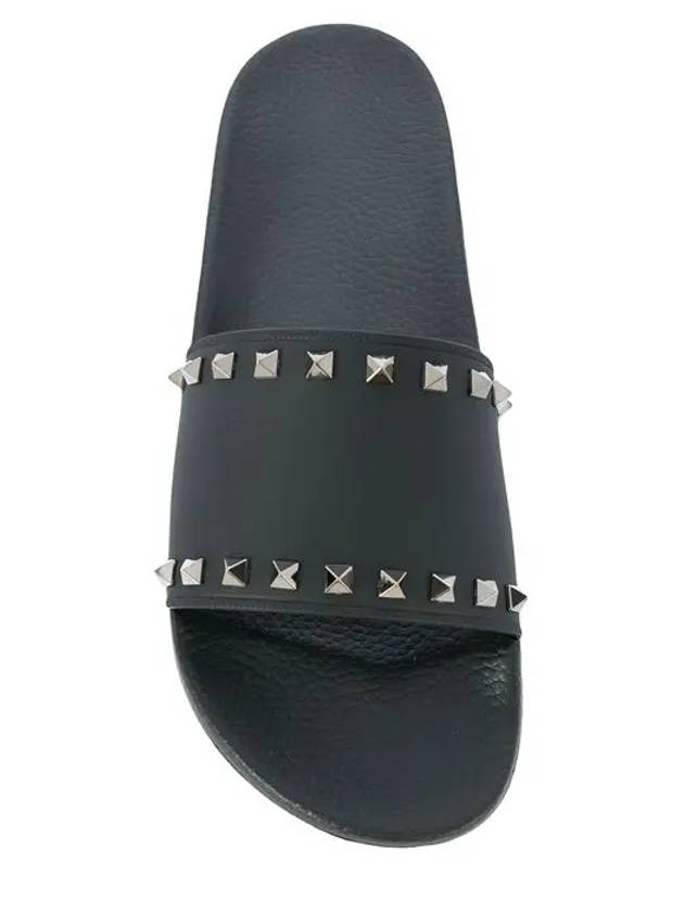 Men's Rockstud Rubber Slippers Black - VALENTINO - BALAAN.