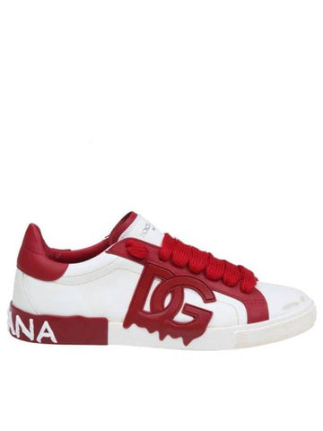 Portofino Vintage Calfskin Low Top Sneakers White Red - DOLCE&GABBANA - BALAAN 1