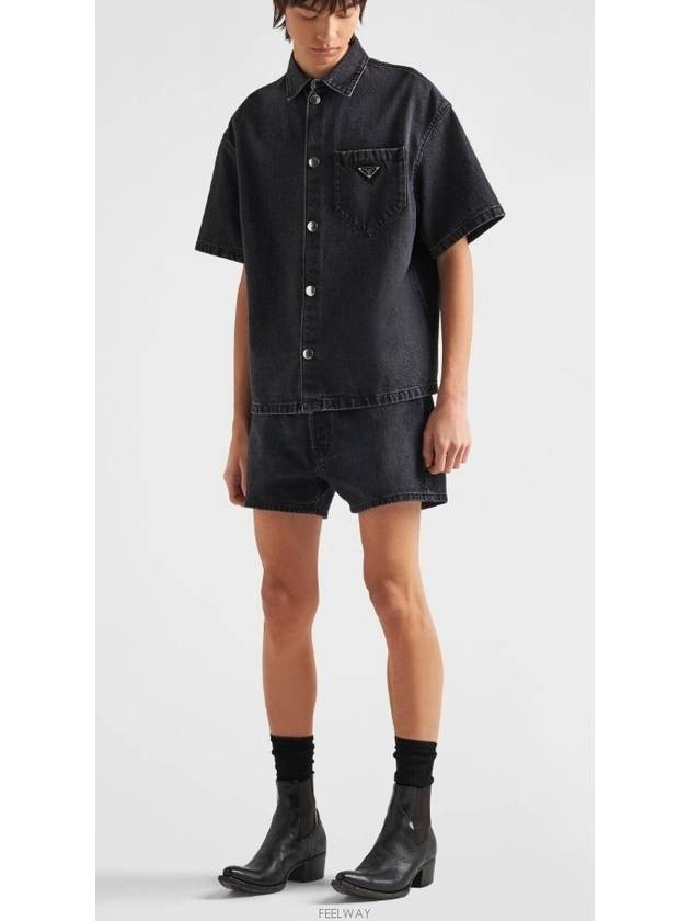 Triangle Logo Denim Short Sleeve Shirt Black - PRADA - BALAAN 4