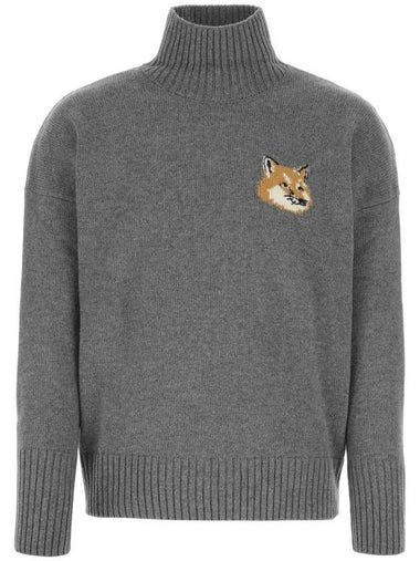 Men's Fox Head Patch Oversized Wool Turtleneck Grey - MAISON KITSUNE - BALAAN 1