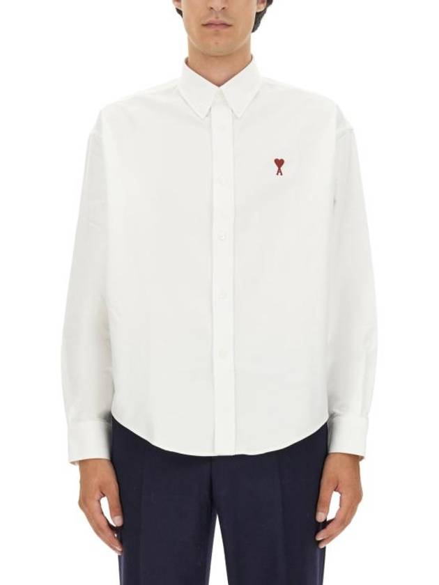 Button Down Boxy Fit Oxford Long Sleeve Shirt Natural White - AMI - BALAAN 8