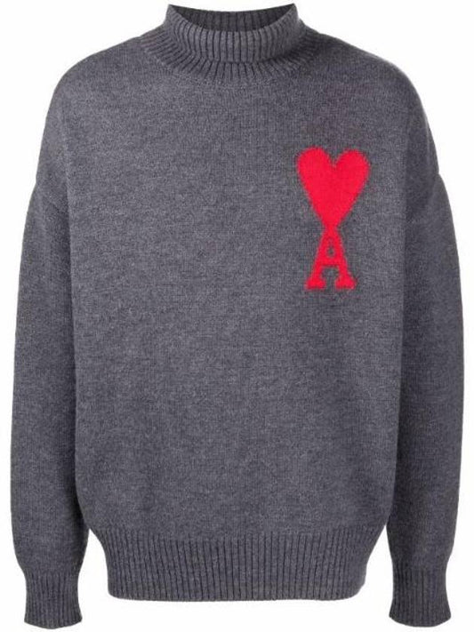 Big Heart Logo Wool Knit Turtleneck Gray - AMI - BALAAN.
