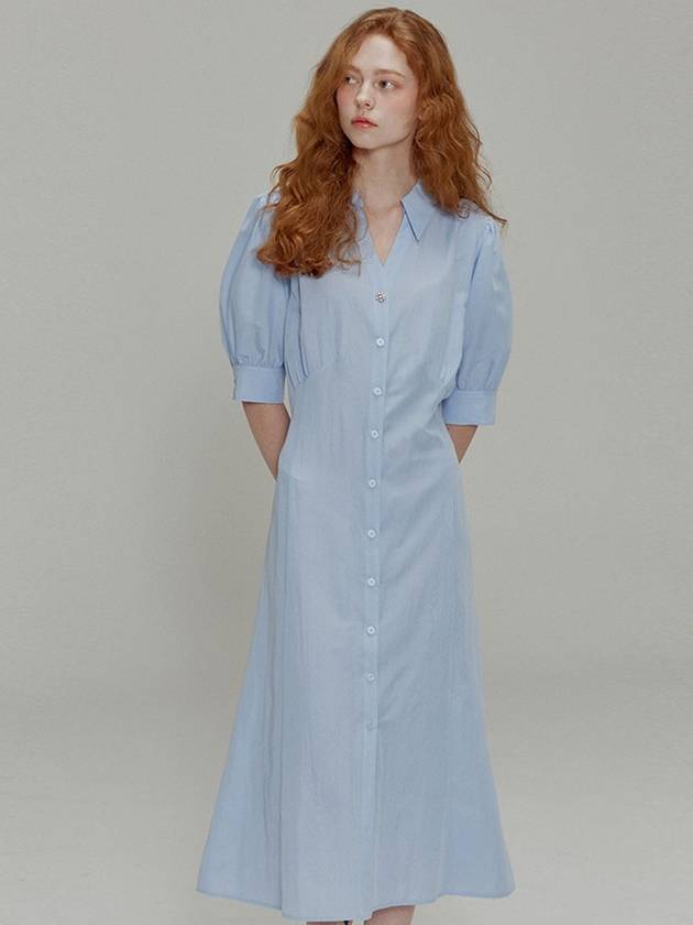 Open collar shirring detail shirt dress Blue - OPENING SUNSHINE - BALAAN 3