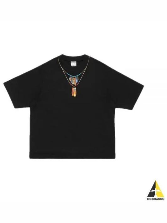 Feather Necklace Over Short Sleeve T-Shirt Black - MARCELO BURLON - BALAAN 2