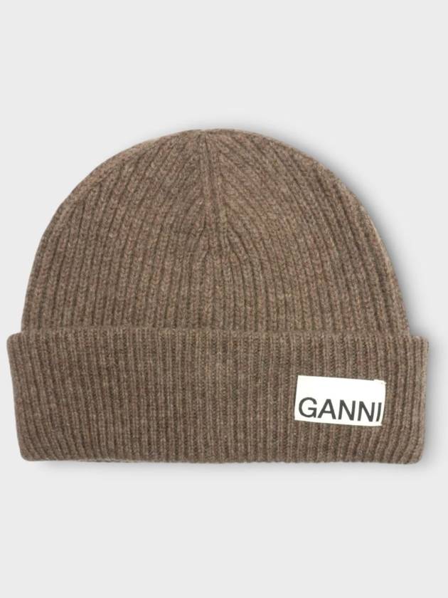 Logo Tag Ribbed Beanie Brown - GANNI - BALAAN 2