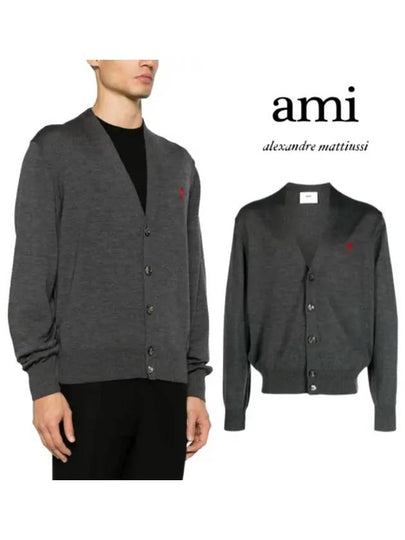 Red Heart Logo Merino Wool Cardigan Heather Grey - AMI - BALAAN 2