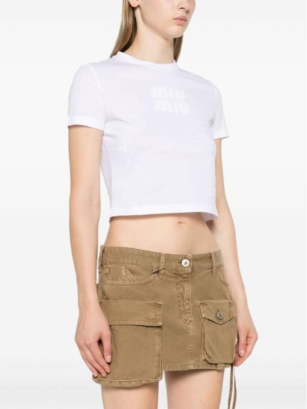 Logo Cropped Short Sleeve T-Shirt White - MIU MIU - BALAAN 6