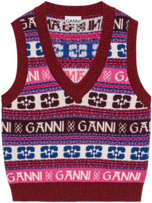 Logo Wool Mix Vest Red - GANNI - BALAAN 1