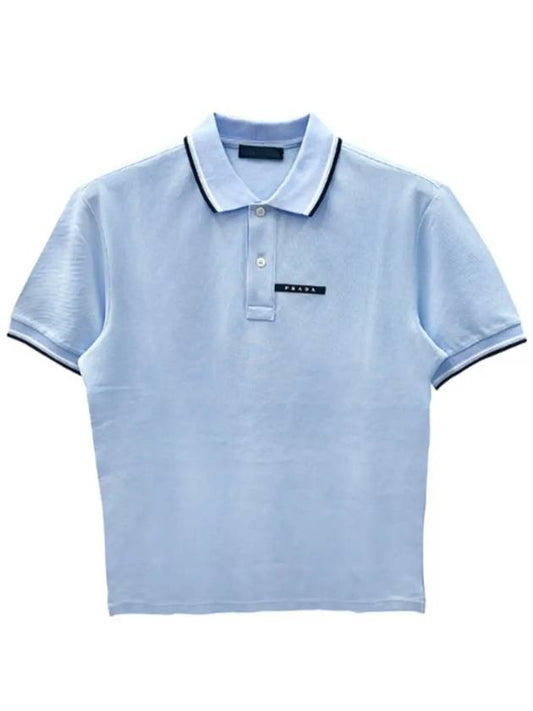 Logo Patch Polo Shirt Blue - PRADA - BALAAN 2