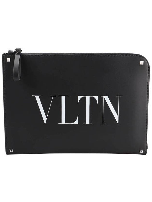 VLTN White Logo Document Clutch Bag Black - VALENTINO - BALAAN.