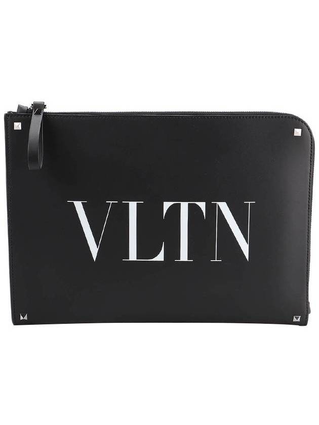 VLTN White Logo Document Clutch Bag Black - VALENTINO - BALAAN 1