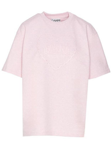 Drop Shoulder Heart Embroidery Short Sleeved T-Shirt Chalk Pink - GANNI - BALAAN 1