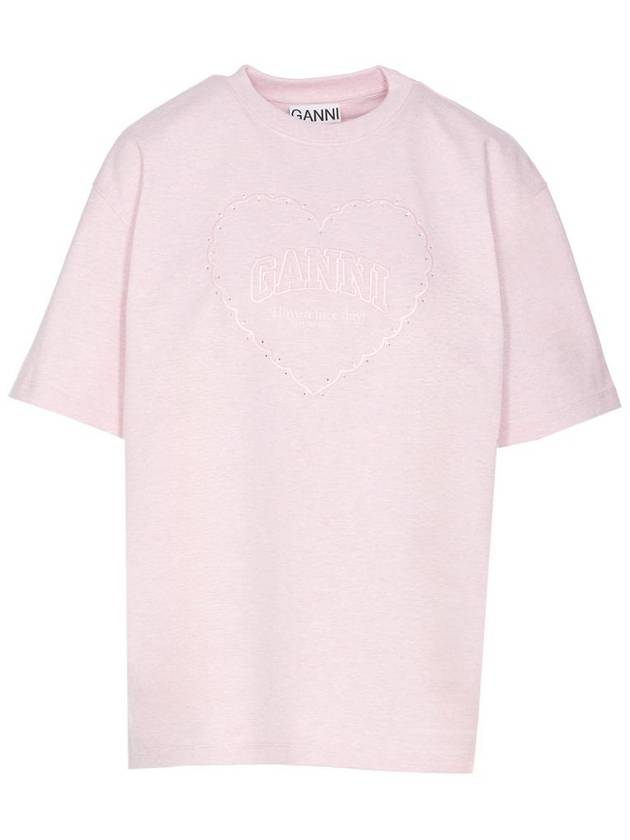 Drop Shoulder Heart Embroidery Short Sleeved T-Shirt Chalk Pink - GANNI - BALAAN 1