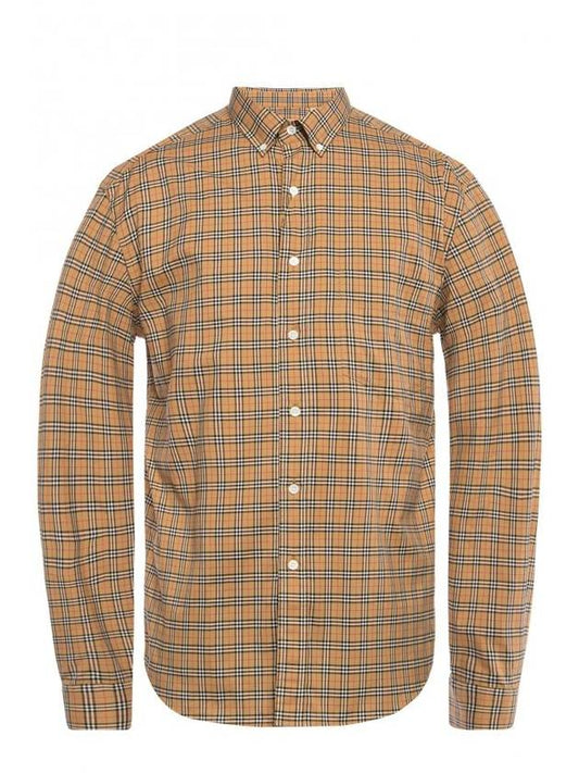 Men's Small Check Cotton Long Sleeve Shirt Brown - BURBERRY - BALAAN 1