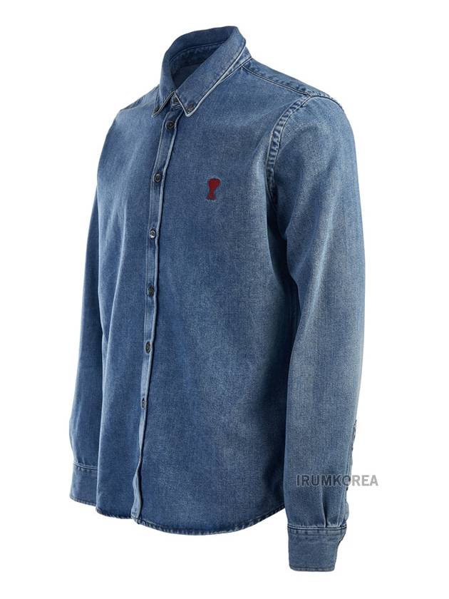 Button Down Denim Long Sleeve Shirt Blue - AMI - BALAAN 3