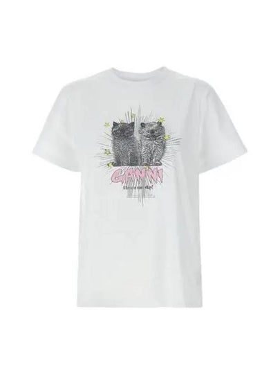 Relax Fit Basic Kitten Short Sleeved T-Shirt White - GANNI - BALAAN 2