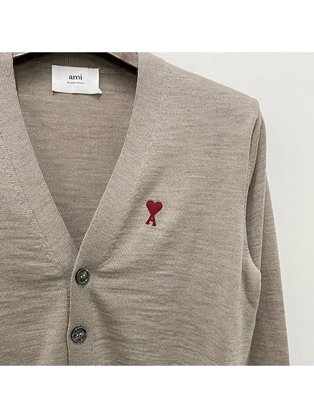 Red Heart Logo Merino Wool Cardigan Beige - AMI - BALAAN 6