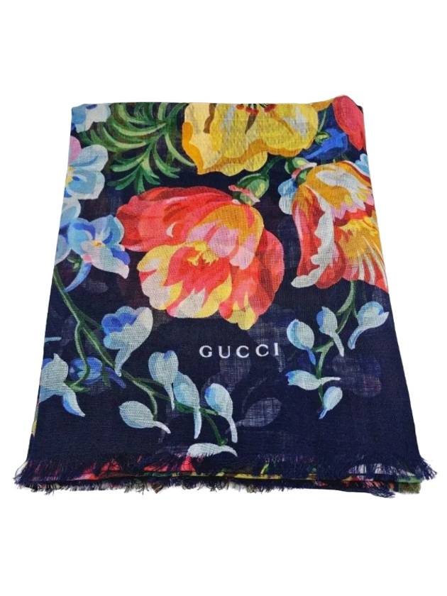 Flower Print Wool Muffler Navy - GUCCI - BALAAN 1