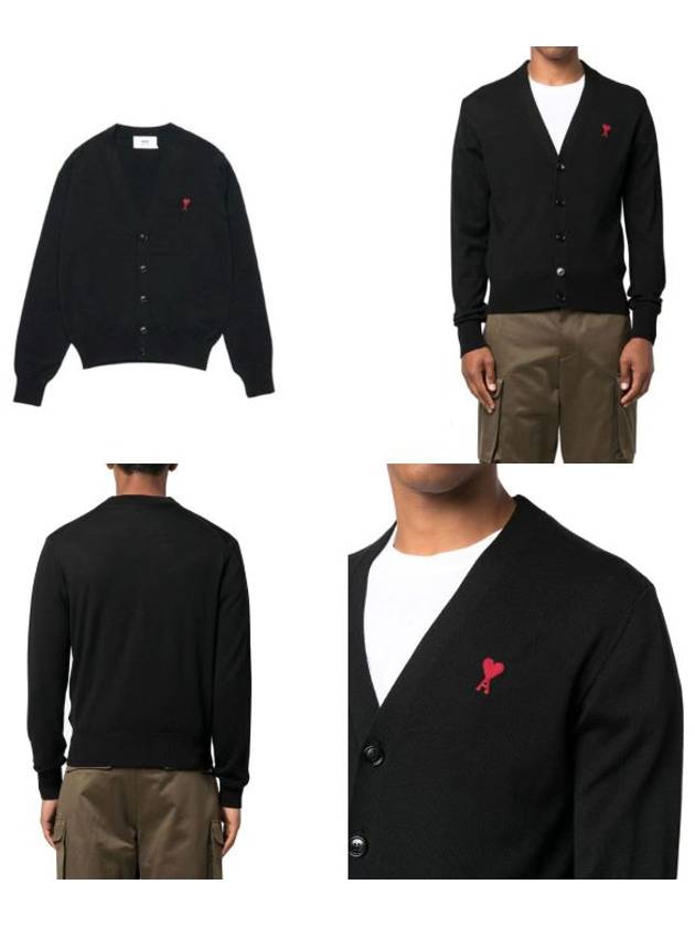 Red Heart Logo Merino Wool Cardigan Black - AMI - BALAAN 9