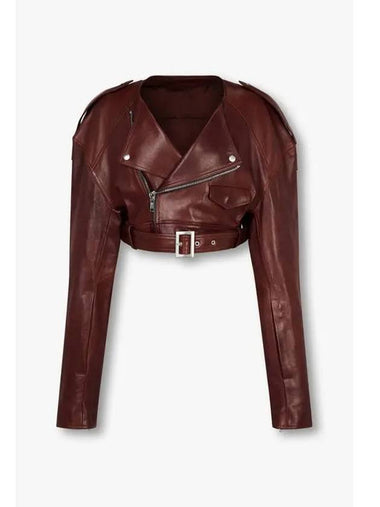 WOMEN Belted Hem Cropped Leather Jacket Dark Red - RICK OWENS - BALAAN 1