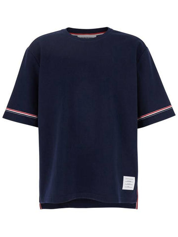 Blue Crewneck T-Shirt With Rwb Detail On Neck And Sleeve In Cotton Man - THOM BROWNE - BALAAN 1