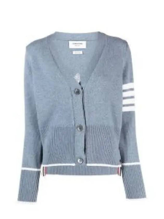 Women's Fine Merino Jersey Sailboat 4 Bar Boxy V Neck Cardigan Dark Blue - THOM BROWNE - BALAAN 2