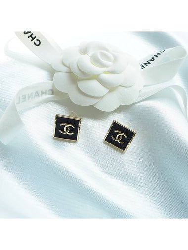 CC Logo Square Leather Metal Earrings Earrings Black Gold ABA757 - CHANEL - BALAAN 1