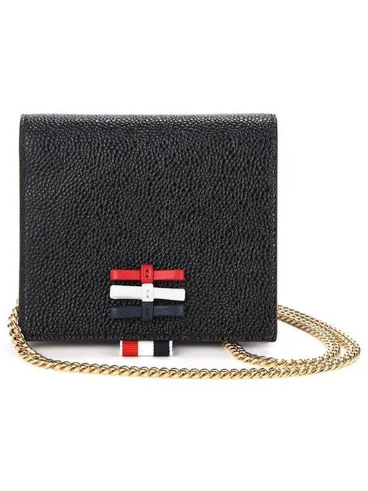 Pebble Grain Leather Bow Detail Chain Strap Card Wallet Black - THOM BROWNE - BALAAN 2