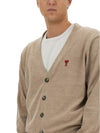 Red Heart Logo Merino Wool Cardigan Beige - AMI - BALAAN 5