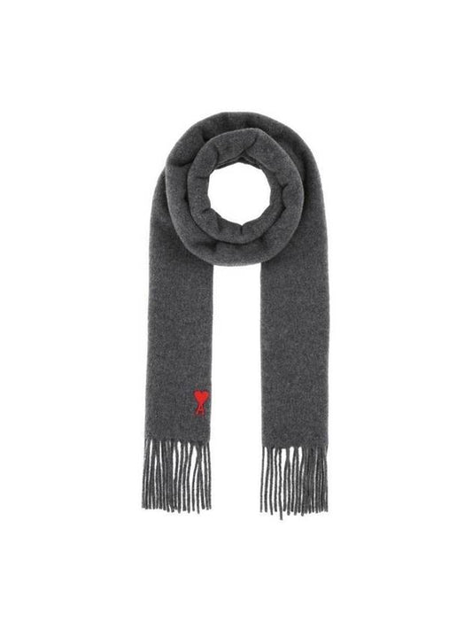 Small Heart Logo Classic Wool Fringe Scarf Dark Grey - AMI - BALAAN 1