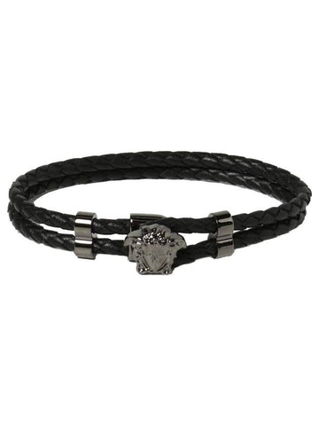 Medusa Braided Leather Bracelet Black - VERSACE - BALAAN 1