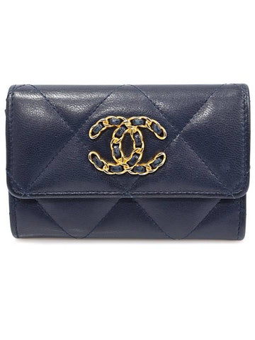 AP1790 Navy Lambskin Gold CC Logo 19 Flap Card Wallet 30s - CHANEL - BALAAN 1