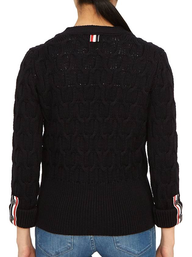 Merino Wool Crisscross Cable Stitch 3/4 Sleeve V-Neck Cardigan Navy - THOM BROWNE - BALAAN 6