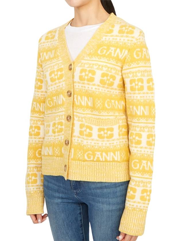 Intarsia Logo Wool V-Neck Cardigan Yellow - GANNI - BALAAN 5