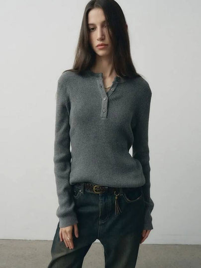 Cotton ribbed henley neck knit gray - NOIRER FOR WOMEN - BALAAN 2