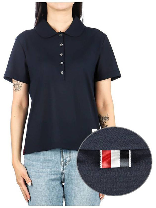 Women's Round Collar Short Sleeve Polo Shirt Navy - THOM BROWNE - BALAAN 2