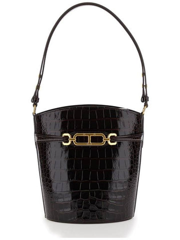 Brown Handbag With T Logo Detail In Croco Printed Leather Woman - TOM FORD - BALAAN 1