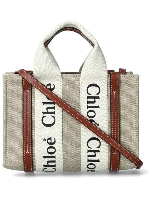 Woody Linen Canvas Calfskin Tote Bag White Brown - CHLOE - BALAAN 3