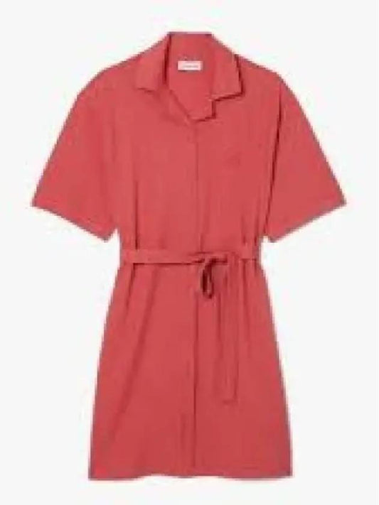 Women s Linen Blend Open Collar Shirt Dress Lightbrick - LACOSTE - BALAAN 1