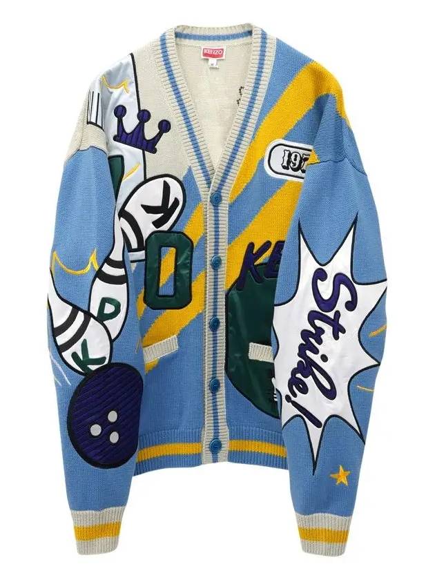 Bowling Elephant V-Neck Cardigan Blue - KENZO - BALAAN 4