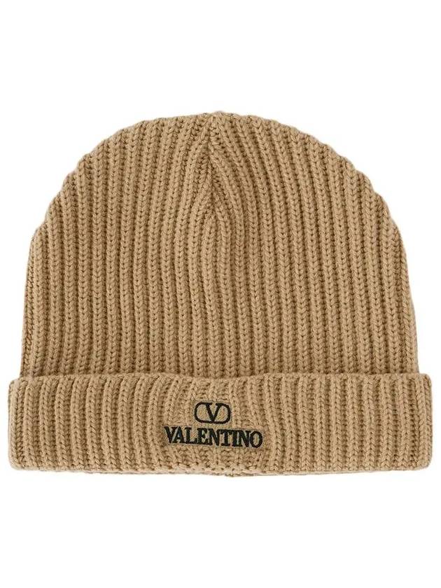 Embroidered Logo Ribbed Beanie Camel - VALENTINO - BALAAN 2