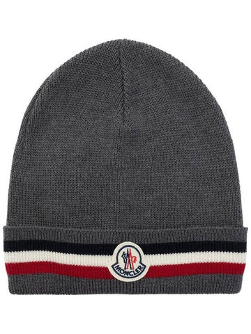 Patch Logo Three Stripes Wool Beanie Gray - MONCLER - BALAAN 1